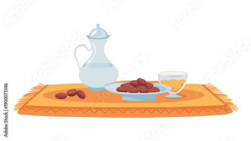 A simple, elegant setup on a Persian rug: a crystal carafe of water and a silver plate of dates catching the rays of the setting sun. No text.
