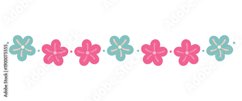 Hand-drawn floral divider with cute pink and teal flowers. Border pattern