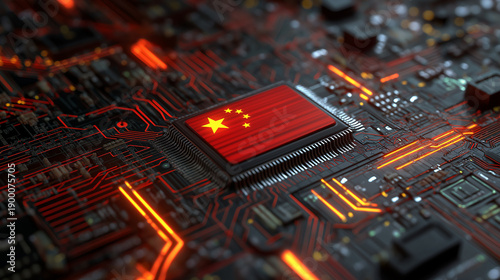 High-resolution conceptual image showing the Chinese flag embedded on a microchip mounted on a futuristic electronic circuit board. Represents China’s semiconductor industry, artificial intelligence