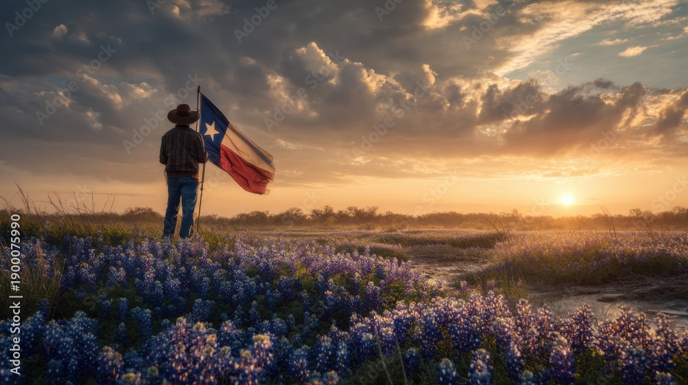 Fototapeta premium Man stands in field of bluebonnets holding Texas flag during sunset with clouds in the sky