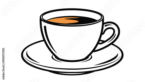 Classic line art illustration of a porcelain coffee cup on a saucer filled with dark aromatic hot black coffee for a break.