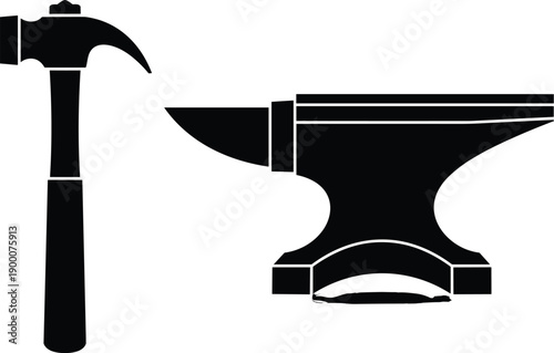 Black silhouette vector illustration of a traditional metalwork claw hammer and heavy iron anvil for blacksmith workshop hardware tools and industrial craftsmanship design concepts