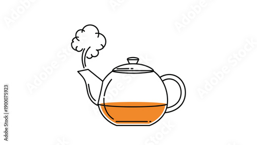 Clear glass teapot filled with orange herbal tea and steam rising from the spout on a plain white background for relaxation.