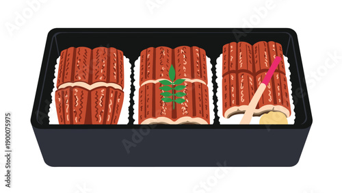 Traditional Japanese unagi kabayaki served over white rice in a black lacquered box with garnishes for a premium culinary experience.