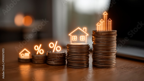 Financial Growth Concept with Stacked Coins, Interest Rate and Real Estate Investment