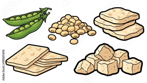 Collection of soy based food products including green peas, dried soybeans, firm tofu blocks, and fried tofu slices for health.