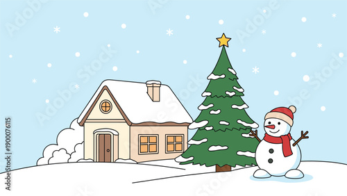 Cozy winter landscape featuring a snow-covered house, a decorated Christmas tree, and a friendly snowman in the white snow.