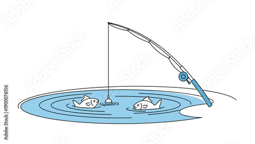 Simple illustration of a fishing rod with a line and float catching fish in a rippling blue water pond under a clear sky.