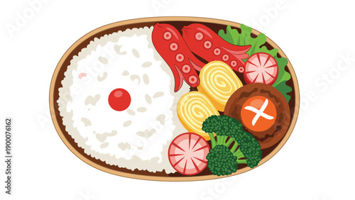 Traditional Japanese bento lunch box featuring white rice, octopus-shaped sausages, rolled omelet, and fresh green broccoli.