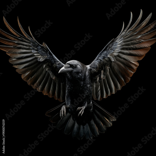 Black Raven with Spread Wings Isolated on Dark Background, Symbol of Mystery and Power