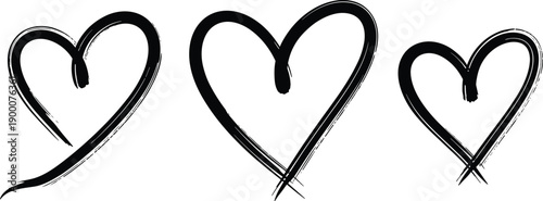 Set of three hand drawn black ink brush stroke heart icons isolated on white background for wedding Valentine day design