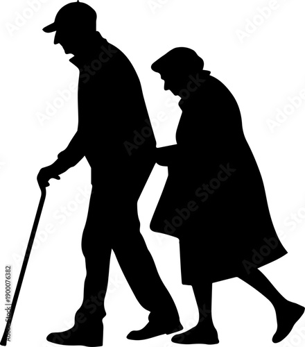 Black silhouette of senior couple walking Old man with walking stick and old woman providing assistance vector icon