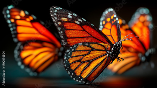 Monarch Butterflies in Flight Isolated on Black Background, Transformation and Freedom Concept