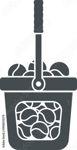 Professional dark grey silhouette vector of a portable tennis ball hopper bucket. High-quality minimalist design perfect for sports coaching branding, tennis club academy logos, court training graphic