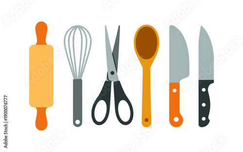 Flat of kitchen utensils including rolling pin whisk scissors wooden spoon and knives