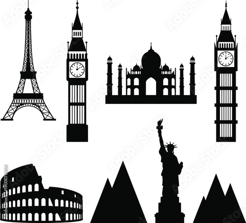 World landmarks silhouettes illustration, Eiffel Tower, Big Ben, Taj Mahal, Colosseum, Pyramids, Statue of Liberty, global heritage, tourism concept