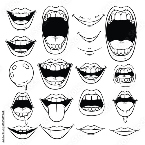 Cartoon Mouth Expressions Set Black and White Comic Lip Illustration Vector