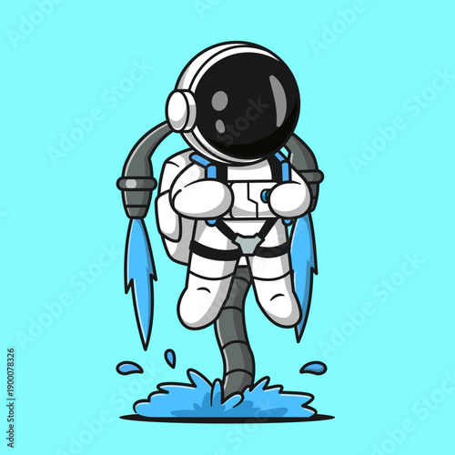 Cute Astronaut Flying With Flyboard On Water Cartoon