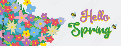 Hello Spring horizontal banner with colorful blooming flowers and cute bees in flat vector illustration style