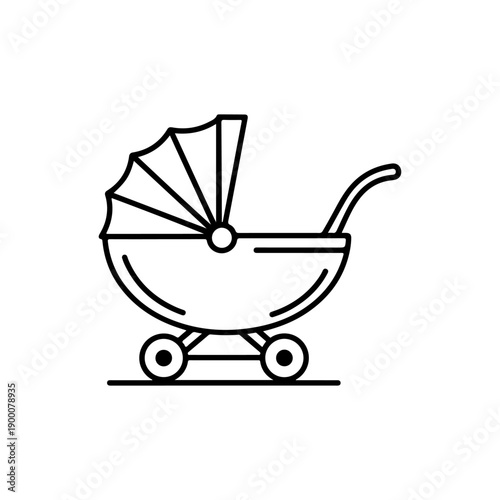 Minimalist black outline vector icon of a classic baby stroller, ideal for modern parenting, childcare, and infancy related graphic design projects