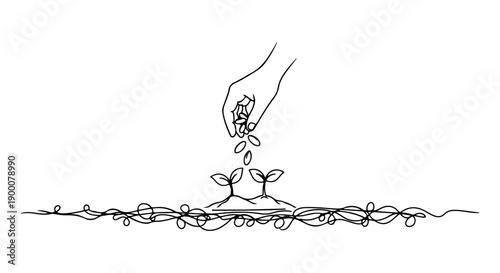 Drawing of a hand sowing seeds in the soil, representing growth and new beginnings in nature
