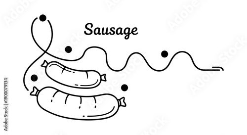 Sausage illustrations featuring two different styles of sausage, with a playful wavy line and dots element, presented in a clean, minimalist black and white design