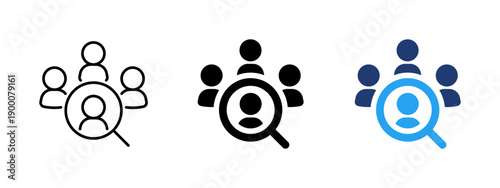 People search icon with user profile and magnifying glass. Symbol of finding, selection and analysis of people. Ideal for recruitment, hiring processes, HR systems, team management.