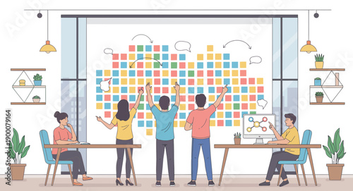 Teamwork Office Vector Illustration with Business People Collaboration. Modern teamwork office vector illustration showing a group of business people collaborating in a professional workplace.