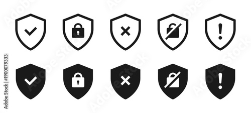 Security shield icon set with different status symbols. Checkmark, lock, error, blocked access and warning icons in outline and solid styles. Ideal for data protection, security and privacy concepts.