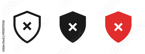 Security shield icon with cross symbol. Represents error, danger and failed protection. Ideal for cybersecurity alerts, access denied, system warnings, risk notifications and security failure concepts
