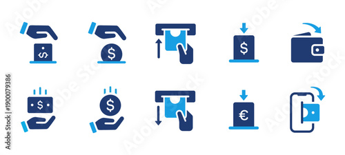 Finance and payment icons set showing cash withdrawal and deposit, ATM operations, wallet, money transfer and hand holding currency. Used for banking app, financial services, transactions and payments