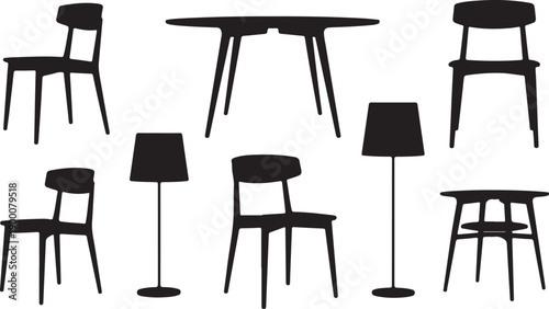 Black silhouette furniture set with chairs table and lamps