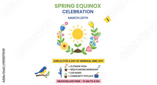 Spring equinox celebration event poster with floral sun design