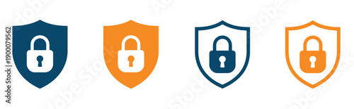 Shield lock security icon pack, vector protection shields with padlocks, secure network access symbols, digital privacy defense elements, antivirus safety signs, clean minimal style design set.