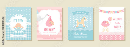 Baby Shower card. Baby boy and girl birth party invite background. Welcome template invitation banner. Blue pink design. Happy greeting holiday poster. Cute layout. Vector illustration. Flat style