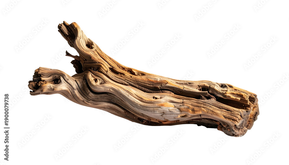 Fototapeta premium Weathered, textured driftwood log, with holes and knots, isolated on a black background