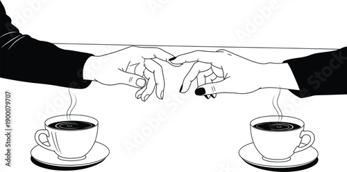 A black and white illustration of two people reaching for each other's hands across a table with steaming cups of coffee