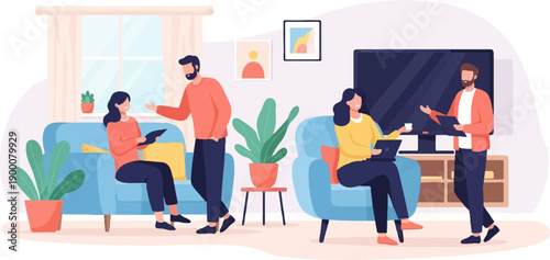 People in a modern living room, some engaged with devices and others interacting