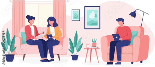 People in a modern living room, two women on a sofa, one man on an armchair