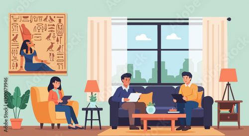 People in a modern living room with Egyptian art and city view