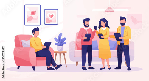 People in a modern living room, some holding tablets and drinks