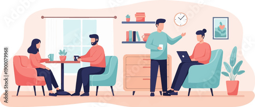 People in a modern room with furniture, laptops, and plants