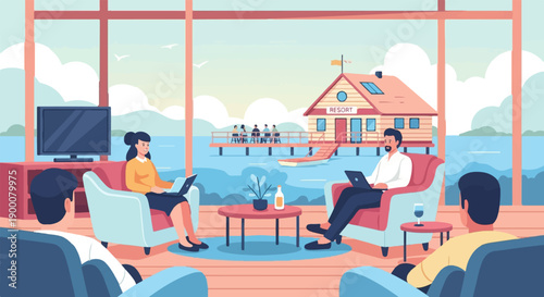 People in a modern resort lounge working remotely by the water