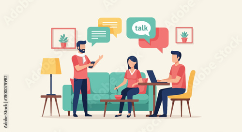 People in a room interacting with devices and speech bubbles