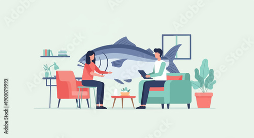 People in a room with a large fish and furniture