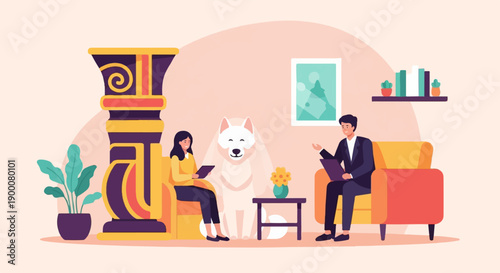 People and dog in a room with furniture, plants, and art