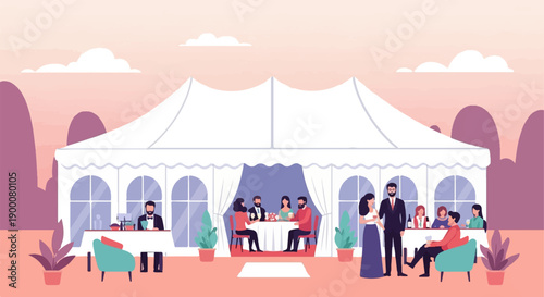 People dining and socializing under a large tent at sunset