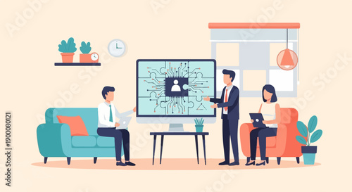 People discuss digital technology on a screen in a modern office setting