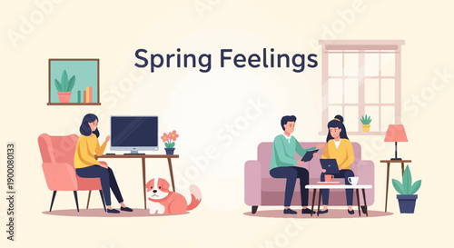 People and dog indoors with spring feelings, cozy room