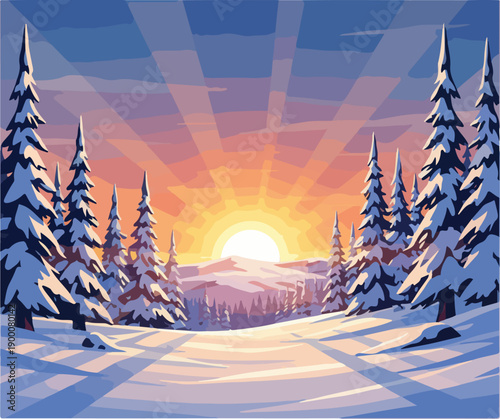 Winter Sunrise Snow Forest Vector Illustration